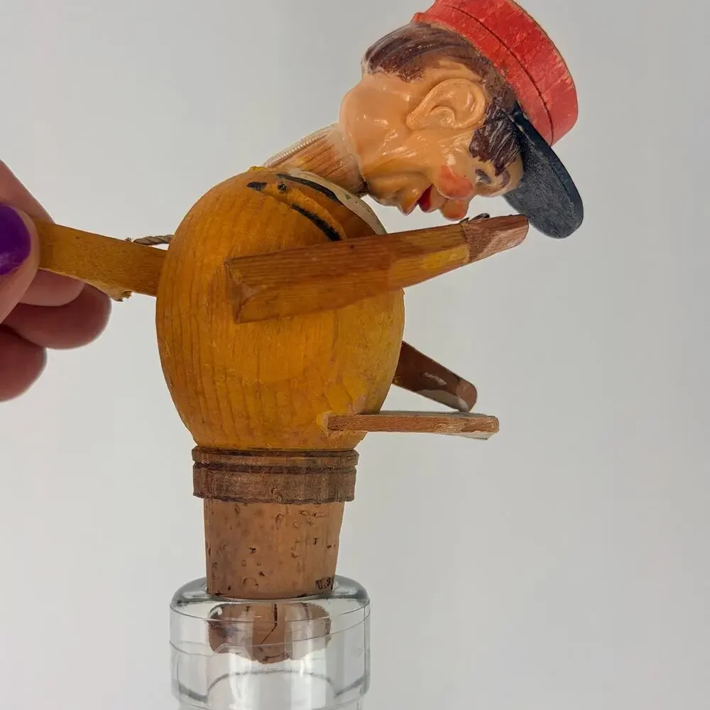 Anri Vintage Mechanical Bottle Stopper Carved Wood Cork‎ Base